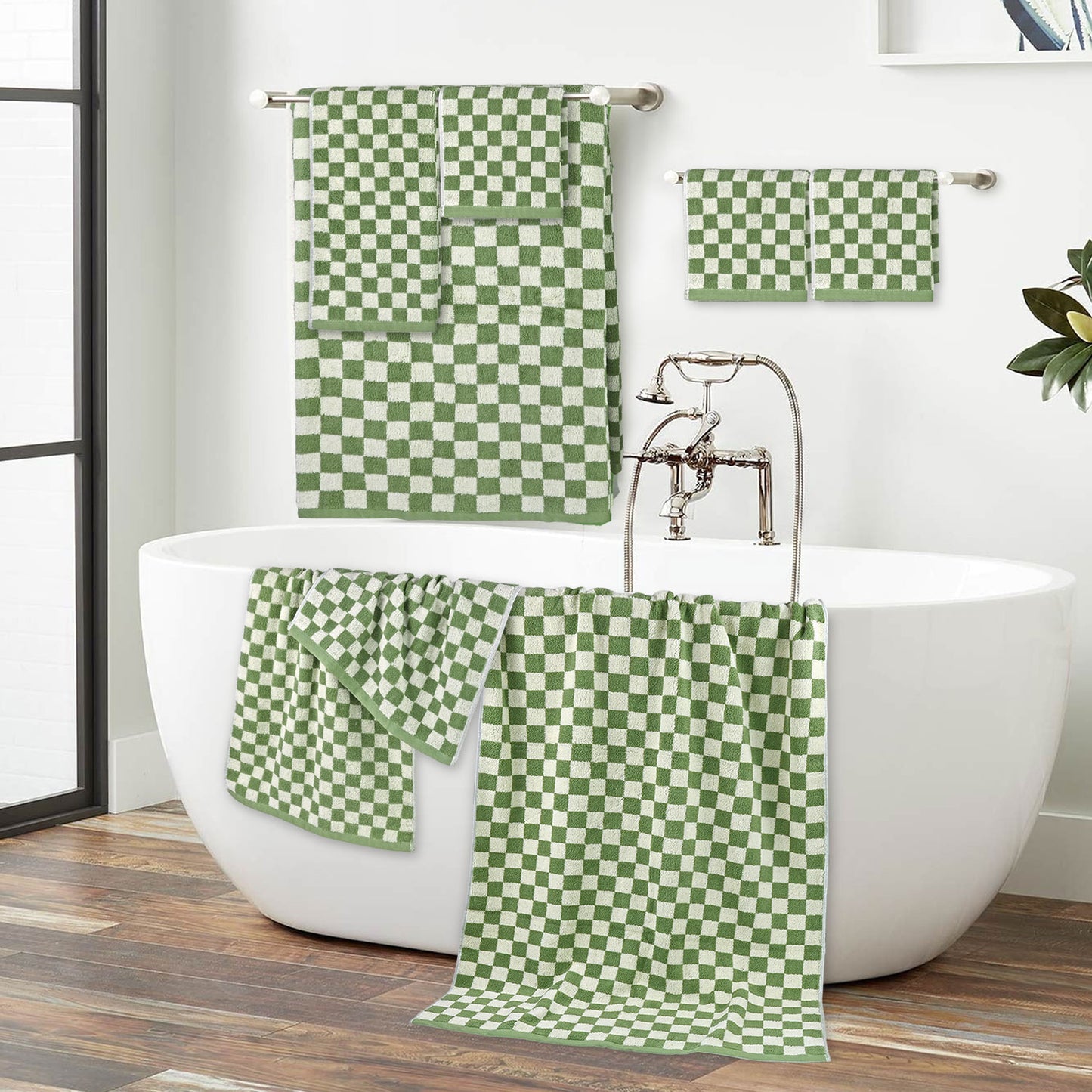Jacquotha Green Checkered Towels Set of 8, Cotton Towels for Bathroom, 2 Bath, 2 Hand, 4 Washcloths, Soft Absorbent Quick Dry Gifts