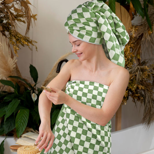 Jacquotha Green Checkered Towels Set of 8, Cotton Towels for Bathroom, 2 Bath, 2 Hand, 4 Washcloths, Soft Absorbent Quick Dry Gifts