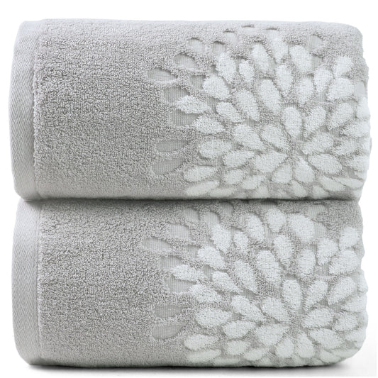 Cute Bath Towels Set of 2 - Large 55” x 28”, Decorative Hydrangea Floral Jacquard, Guest Room & Bathroom Decor, Cotton