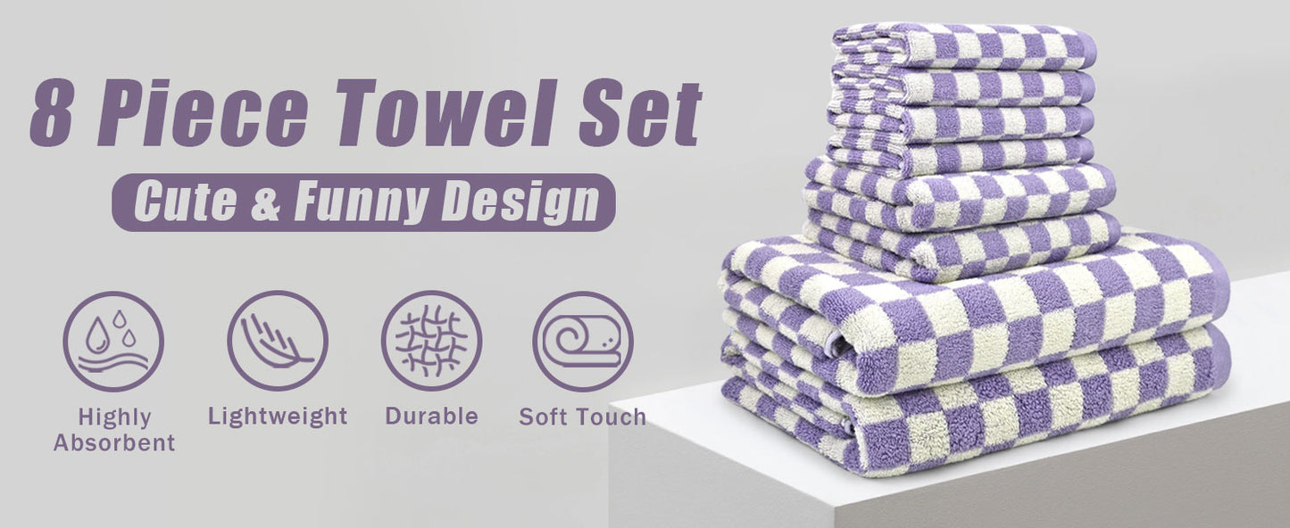 Jacquotha 8-Piece Cotton Towels and Washcloths Sets, Cute Checkered Bathroom Towels Set, Luxury Soft Absorbent Lightweight Towel, Lilac