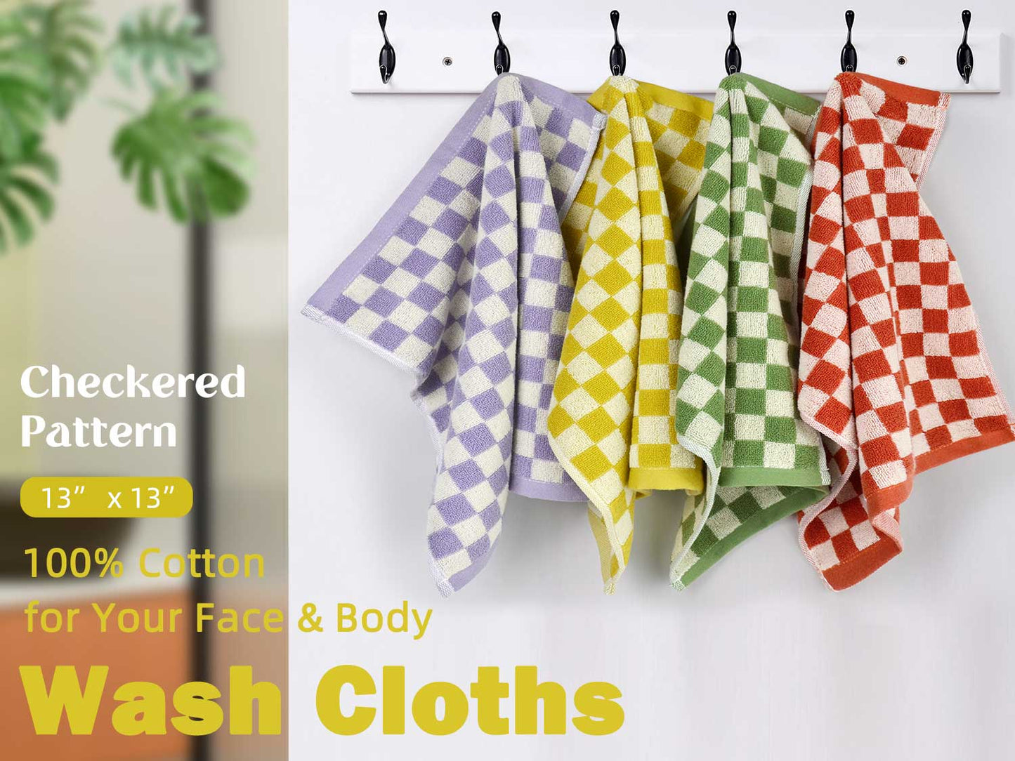 Jacquotha Wash Cloths Checkered 4 Pack - Cotton Washcloths for Face Body, 13 x 13 Inches Daily Cleansing Kitchen Towels