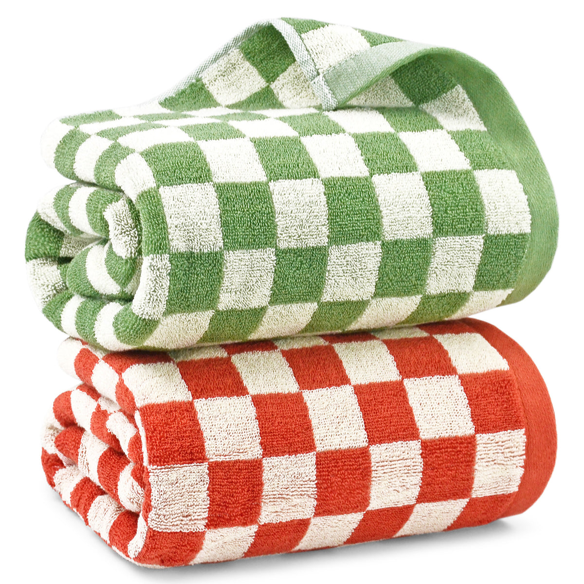 Jacquotha Checkered Bath Towels for Bathroom Decor, 2 Pack Shower Towels 55" x 27.5", Super Soft and Quick Dry (Orange + Green), Colorful for Swim Pool Beach