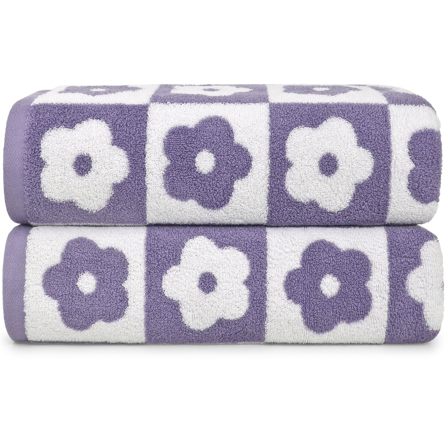 Jacquotha 2-Pieces Luxury Bath Towels Checkered Floral, Flower Towels for Women Girls Shower Body 27.5x55 Inches, Valentines Decor for Bathroom & Pool Days, Cotton