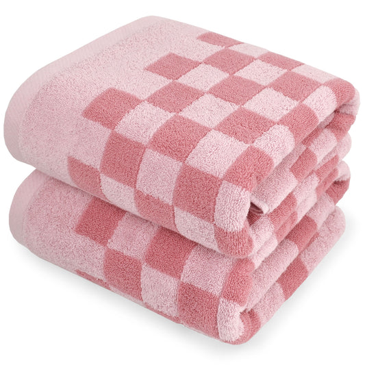Jacquotha Soft Bath Towels for Bathroom Beach Pool (Pink Checkered) Set of 2, Quick Dry Cotton Cute Valentines Towels for Her Women Girls, 27.5x55 Inches