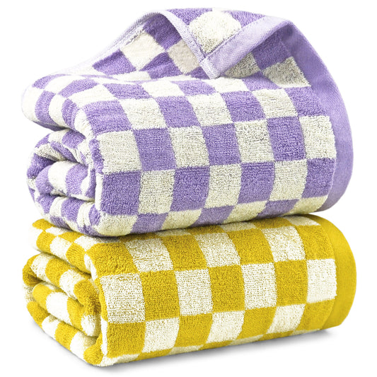 Jacquotha Checkered Bath Towel Set in Yellow and Lilac, Soft Large Shower Towels Bathroom 2 Pack 55” x 27.5”, Thin Quick Drying for Beach Pool Swim