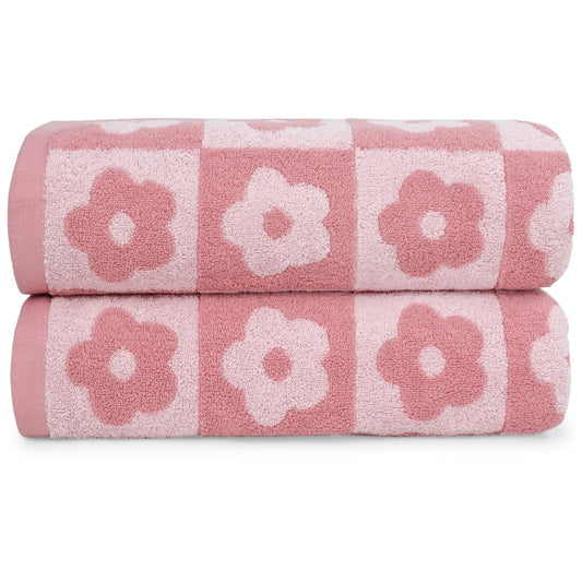 Jacquotha 2-Pieces Luxury Bath Towels Checkered Floral, Flower Towels for Women Girls Shower Body 27.5x55 Inches, Valentines Decor for Bathroom & Pool Days, Cotton