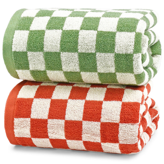 Jacquotha Checkered Bath Towels for Bathroom Decor, 2 Pack Shower Towels 55" x 27.5", Super Soft and Quick Dry (Orange + Green), Colorful for Swim Pool Beach