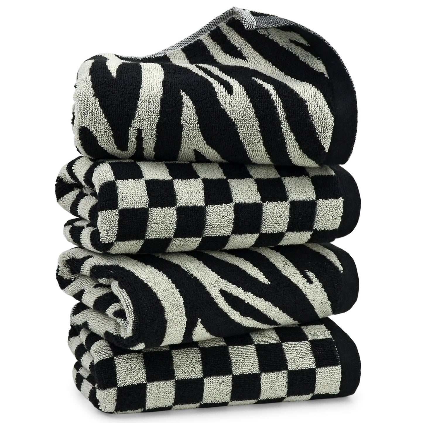 Jacquotha Bathroom Hand Towels 2 Style 4 Pack - Black Hand Towel Checkered and Zebra, Cotton