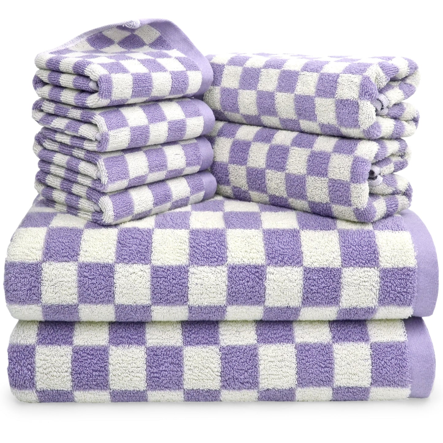 Jacquotha 8-Piece Cotton Towels and Washcloths Sets, Cute Checkered Bathroom Towels Set, Luxury Soft Absorbent Lightweight Towel, Lilac