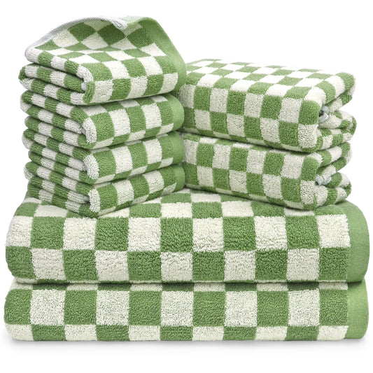Jacquotha Green Checkered Towels Set of 8, Cotton Towels for Bathroom, 2 Bath, 2 Hand, 4 Washcloths, Soft Absorbent Quick Dry Gifts