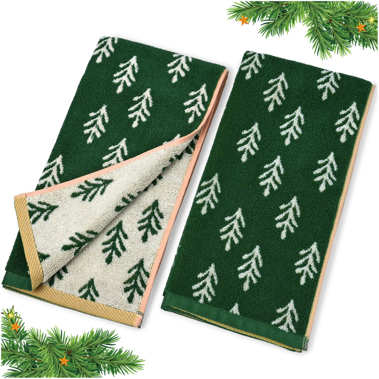 Decorative Hand Towels for Kitchen Bathroom Winter Decor Xmas Gifts, Cotton Towel Daily Luxury & Holiday Cheer, Forest Green Trees