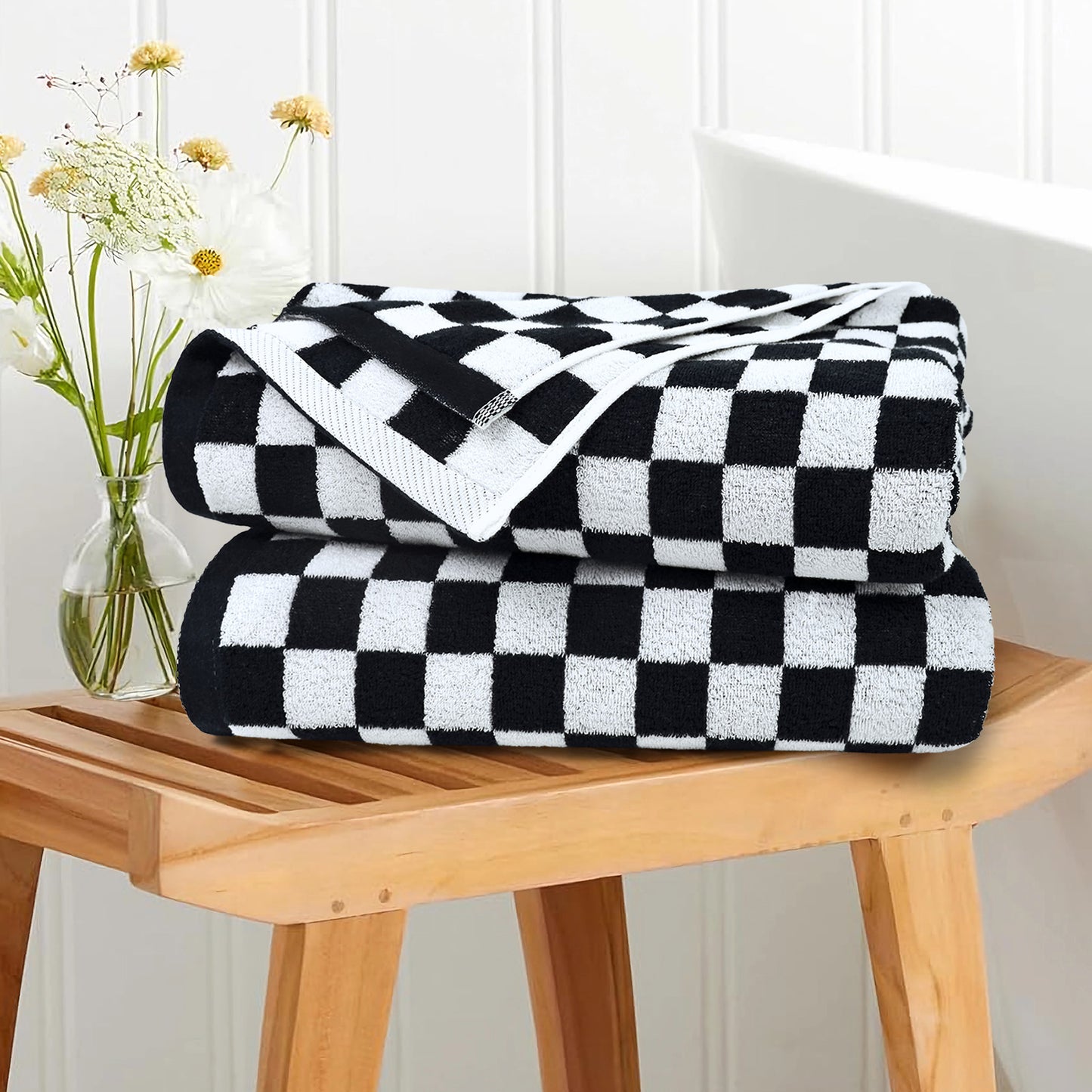 Jacquotha 520 GSM Luxury Checkered Cotton Bath Towels Set of 2 - Cute Aesthetic Bathroom Towels for Bathroom Decor 27.5" x 55"