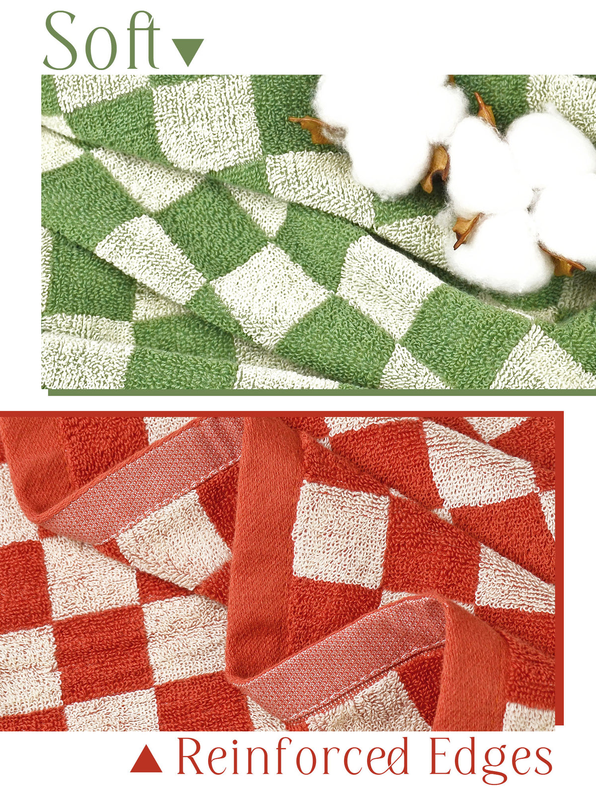 Jacquotha Checkered Bath Towels for Bathroom Decor, 2 Pack Shower Towels 55" x 27.5", Super Soft and Quick Dry (Orange + Green), Colorful for Swim Pool Beach