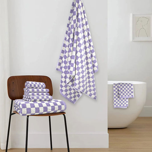 Jacquotha 8-Piece Cotton Towels and Washcloths Sets, Cute Checkered Bathroom Towels Set, Luxury Soft Absorbent Lightweight Towel, Lilac