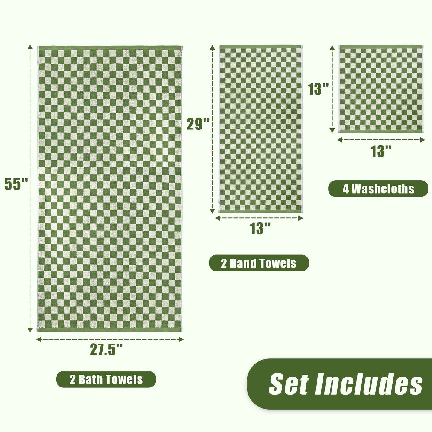 Jacquotha Green Checkered Towels Set of 8, Cotton Towels for Bathroom, 2 Bath, 2 Hand, 4 Washcloths, Soft Absorbent Quick Dry Gifts