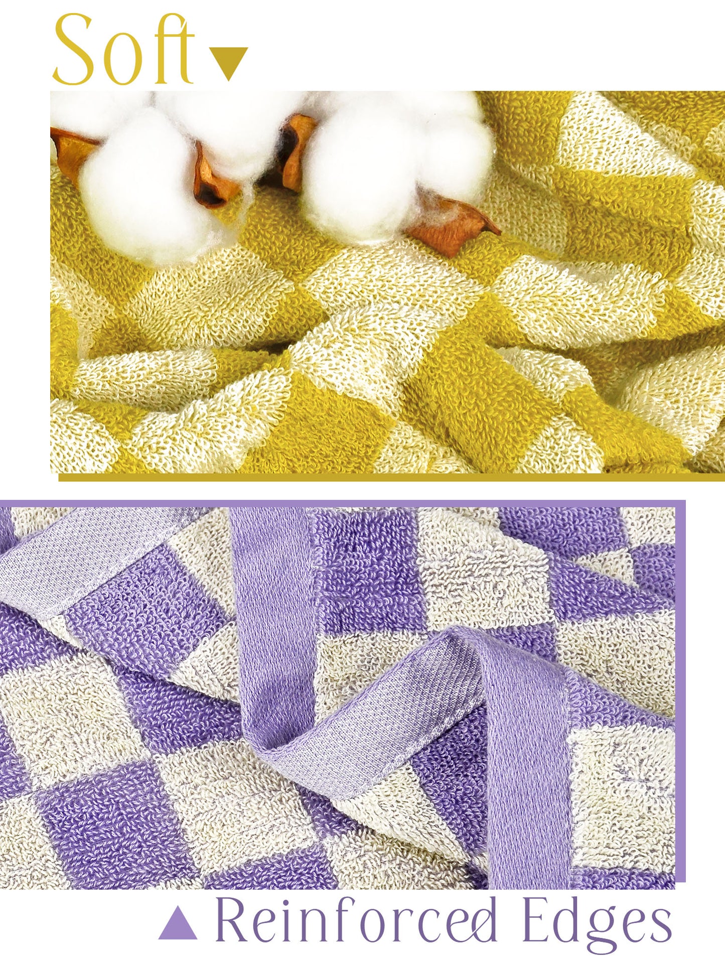 Jacquotha Checkered Bath Towel Set in Yellow and Lilac, Soft Large Shower Towels Bathroom 2 Pack 55” x 27.5”, Thin Quick Drying for Beach Pool Swim