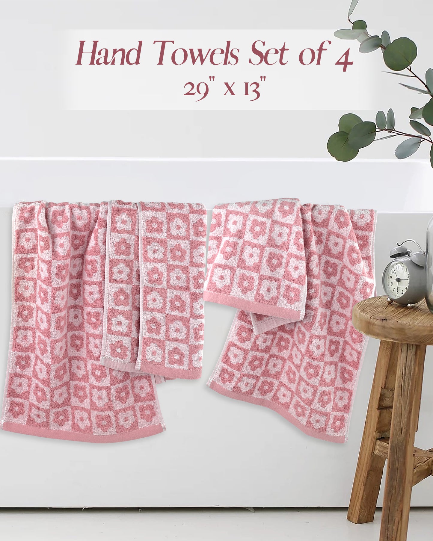 Jacquotha Cotton Hand Towels Checkered Floral - Quick Drying Hand Towel Set of 4, for Women Girls Bathroom Decor, 29” x 13”