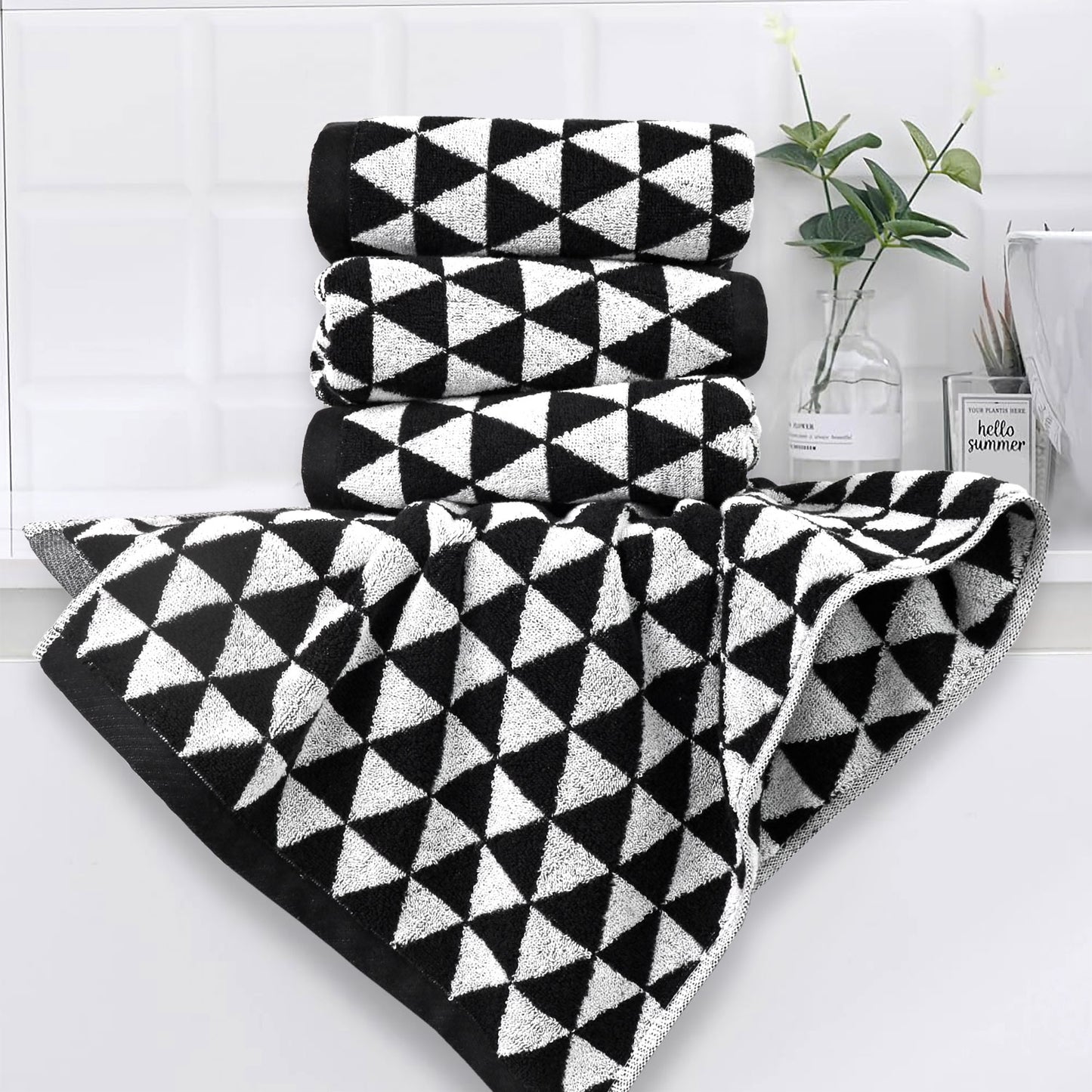Hand Towels for Bathroom & Kitchen with Geometric Triangle, Cotton Quick Dry Towels for Hand Face Hair 13x29 Inches, Modern & Farmhouse