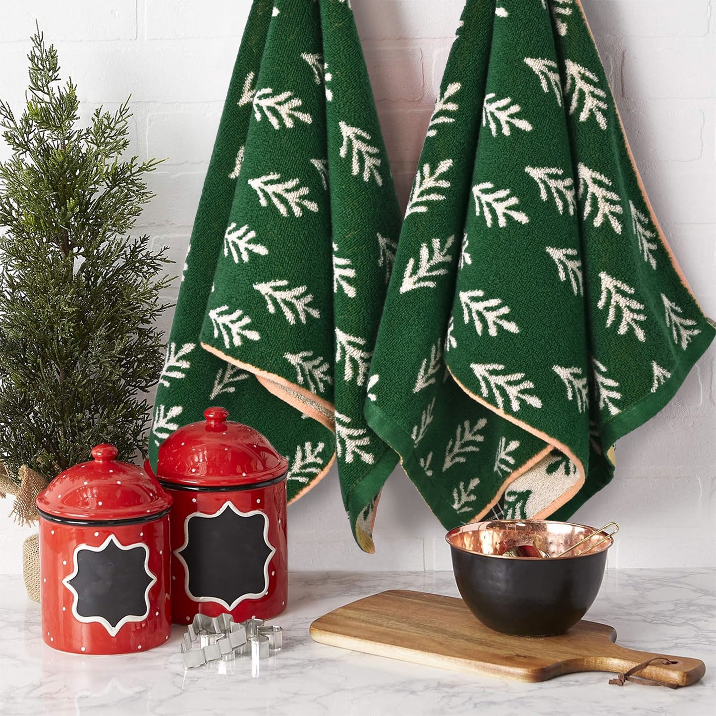 Decorative Hand Towels for Kitchen Bathroom Winter Decor Xmas Gifts, Cotton Towel Daily Luxury & Holiday Cheer, Forest Green Trees