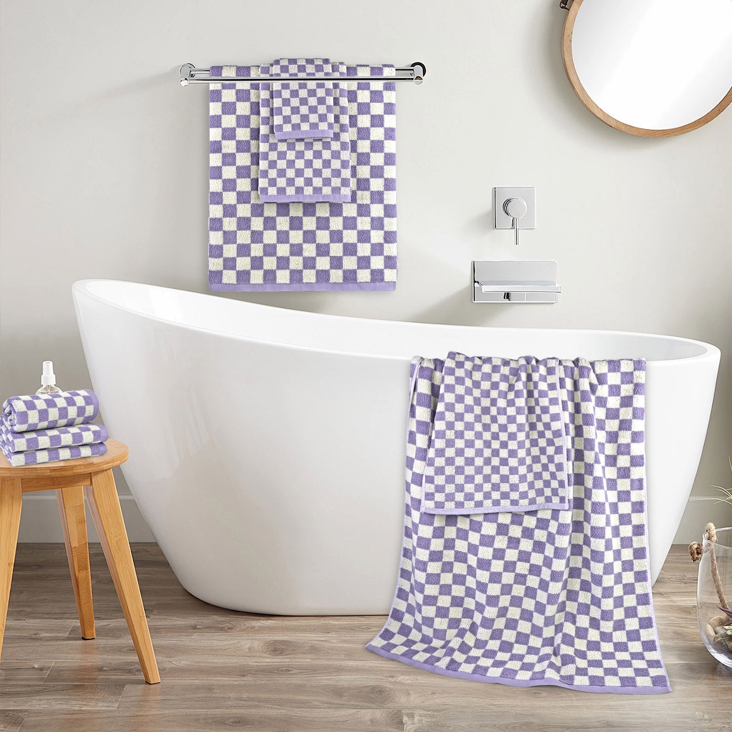Jacquotha 8-Piece Cotton Towels and Washcloths Sets, Cute Checkered Bathroom Towels Set, Luxury Soft Absorbent Lightweight Towel, Lilac