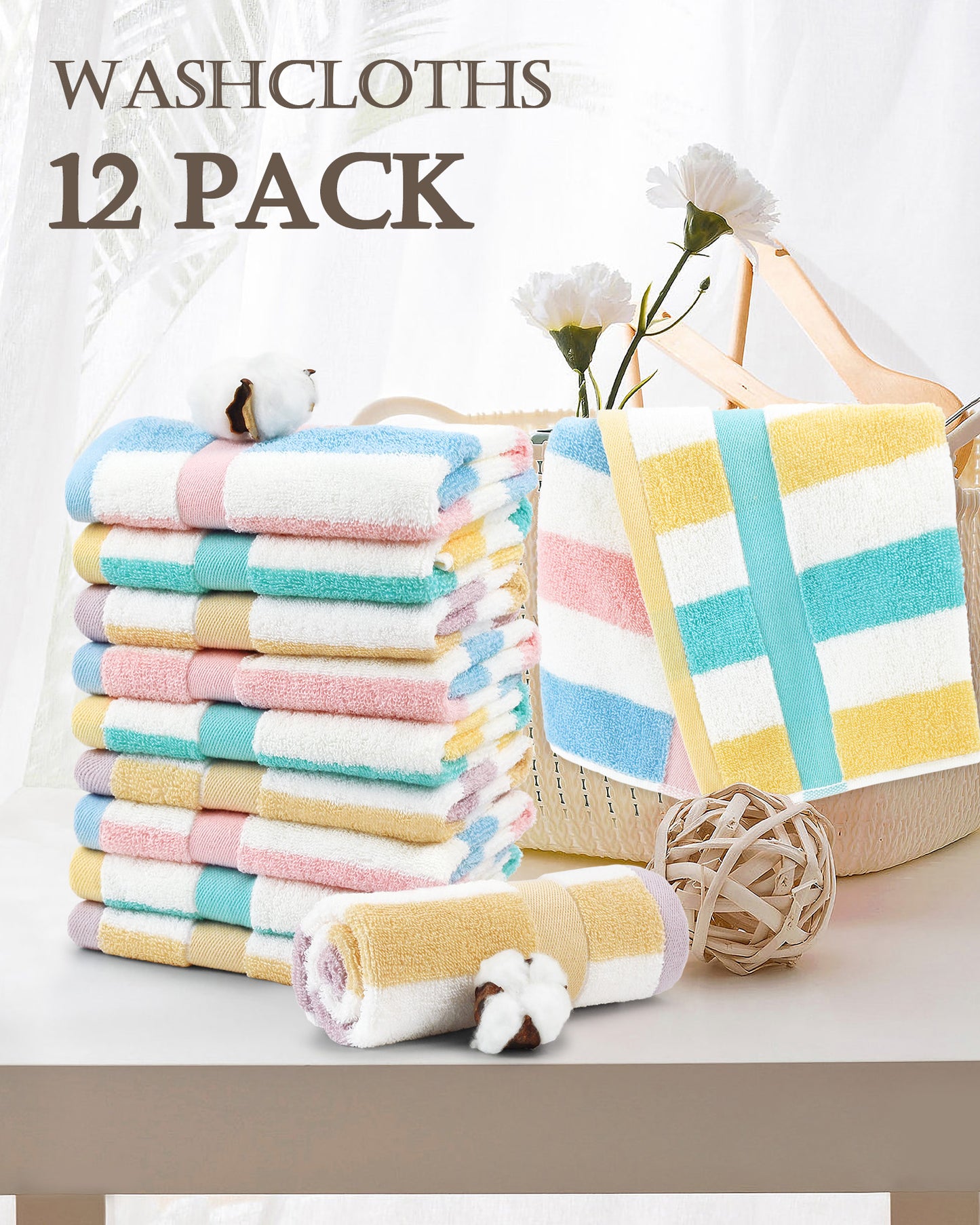 Jacquotha Cotton 12 Pack Striped Washcloths, 13 x 13 Inches, 3 Colors - Face and Body Cleansing Towels