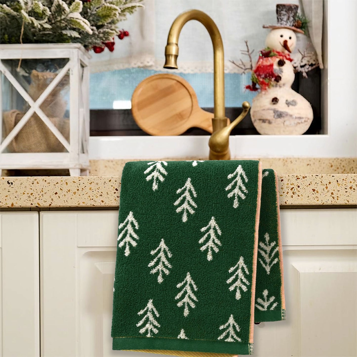 Decorative Hand Towels for Kitchen Bathroom Winter Decor Xmas Gifts, Cotton Towel Daily Luxury & Holiday Cheer, Forest Green Trees