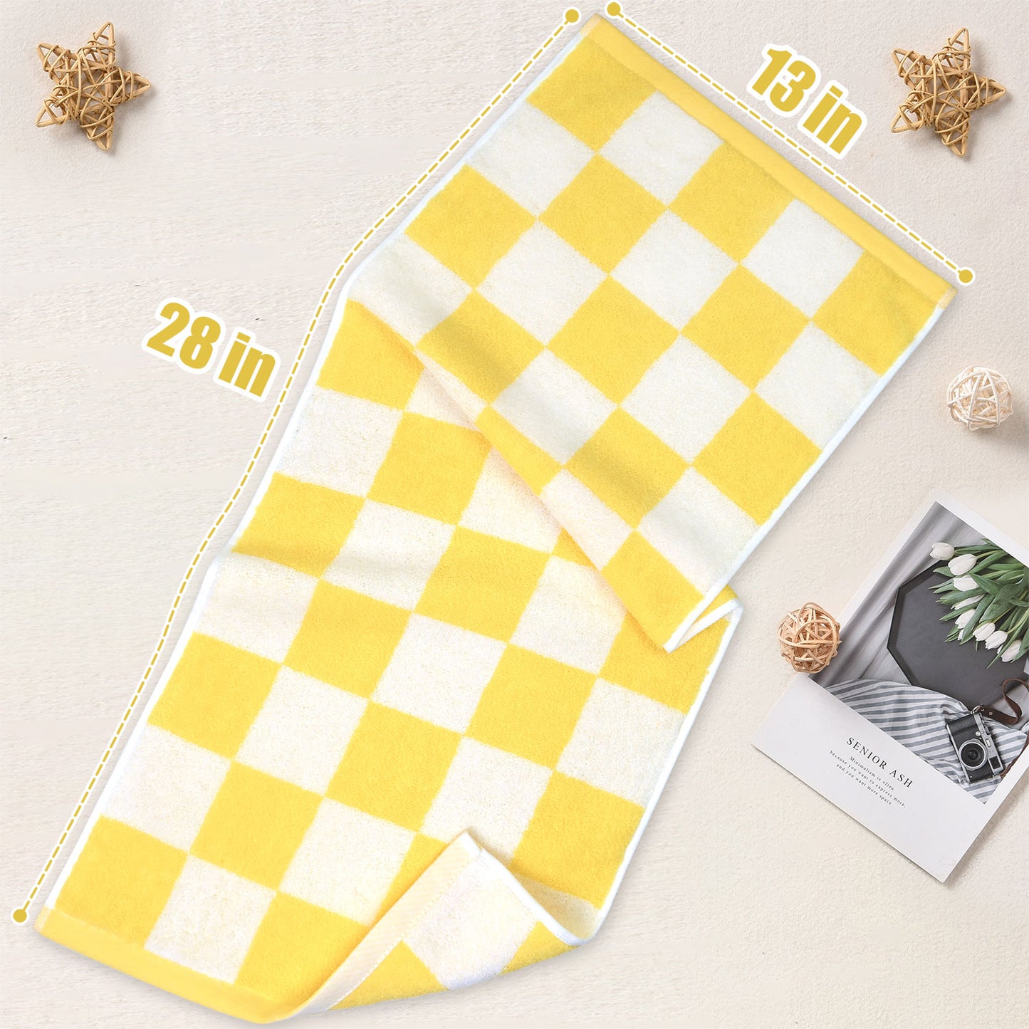 3 Pack Hand Towels set with Large Checkered Pattern, 100% Cotton, 13 x 28 Inches