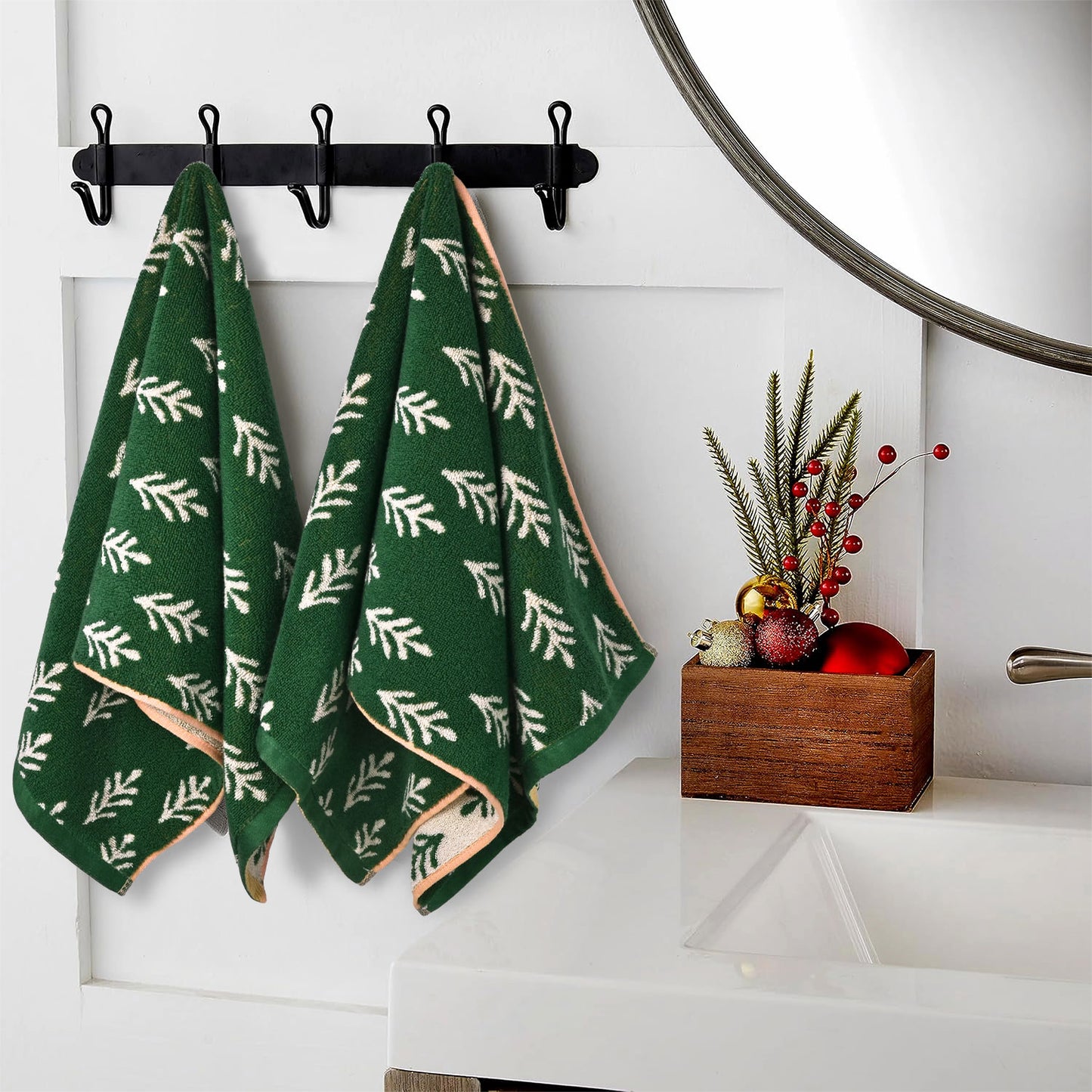 Decorative Hand Towels for Kitchen Bathroom Winter Decor Xmas Gifts, Cotton Towel Daily Luxury & Holiday Cheer, Forest Green Trees