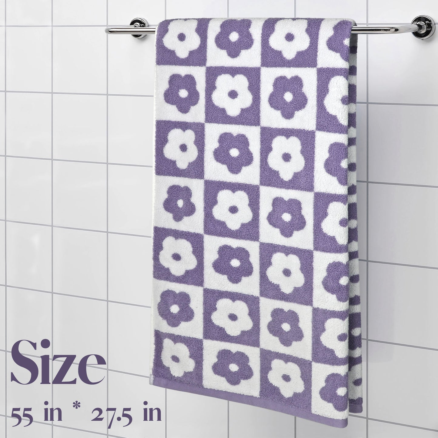 Jacquotha 2-Pieces Luxury Bath Towels Checkered Floral, Flower Towels for Women Girls Shower Body 27.5x55 Inches, Valentines Decor for Bathroom & Pool Days, Cotton