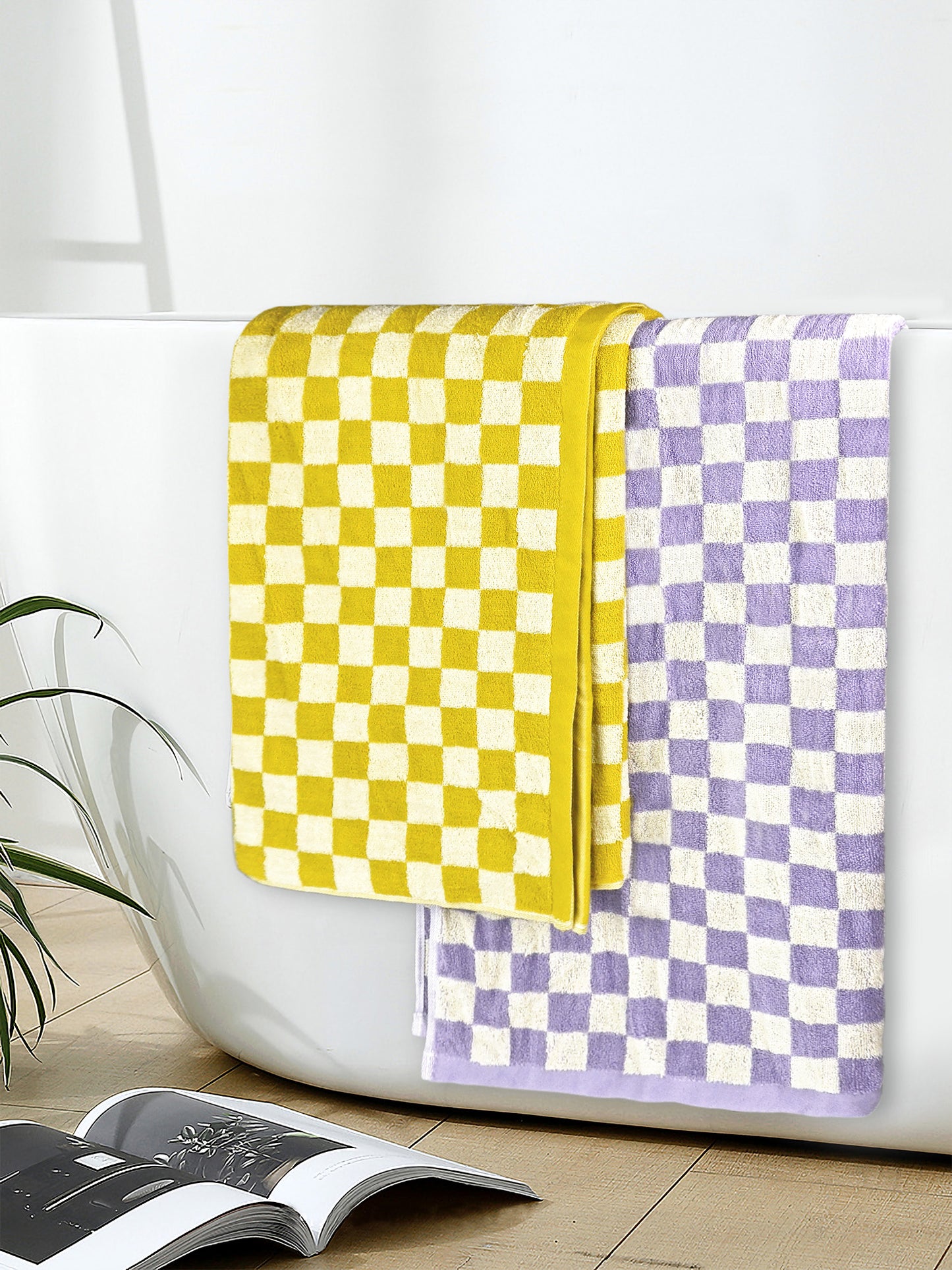 Jacquotha Checkered Bath Towel Set in Yellow and Lilac, Soft Large Shower Towels Bathroom 2 Pack 55” x 27.5”, Thin Quick Drying for Beach Pool Swim