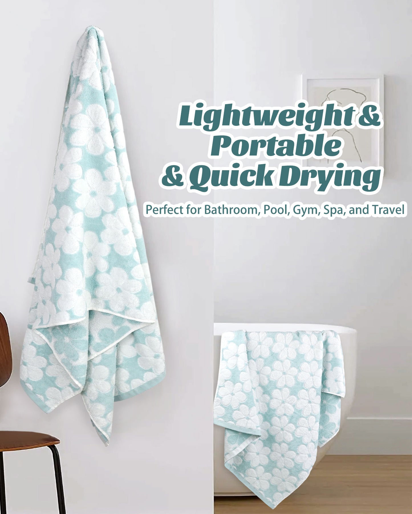 Jacquotha Soft Bath Towels 2 Pack, Super Absorbent Shower Towels 27.5x55 Inches, Cute Floral Jacquard Bathroom Set, Cotton