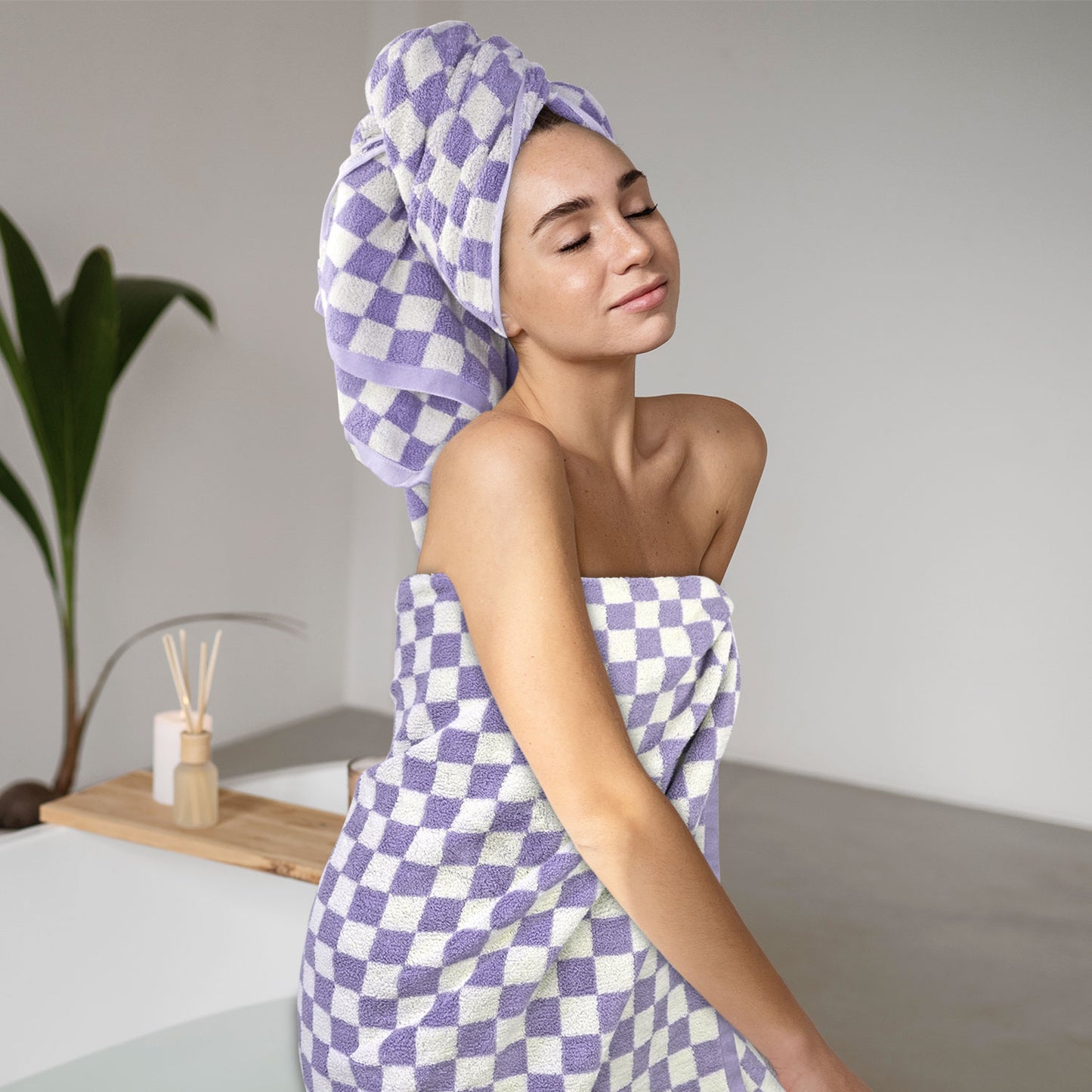 Jacquotha 8-Piece Cotton Towels and Washcloths Sets, Cute Checkered Bathroom Towels Set, Luxury Soft Absorbent Lightweight Towel, Lilac