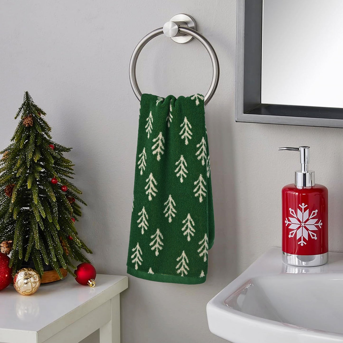 Decorative Hand Towels for Kitchen Bathroom Winter Decor Xmas Gifts, Cotton Towel Daily Luxury & Holiday Cheer, Forest Green Trees