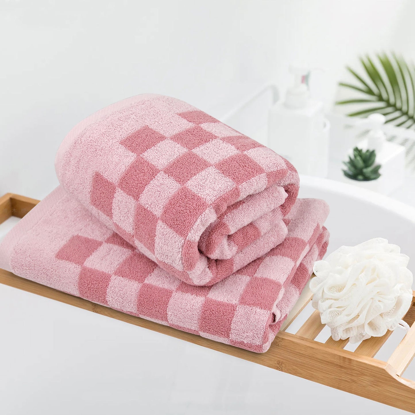 Jacquotha Soft Bath Towels for Bathroom Beach Pool (Pink Checkered) Set of 2, Quick Dry Cotton Cute Valentines Towels for Her Women Girls, 27.5x55 Inches
