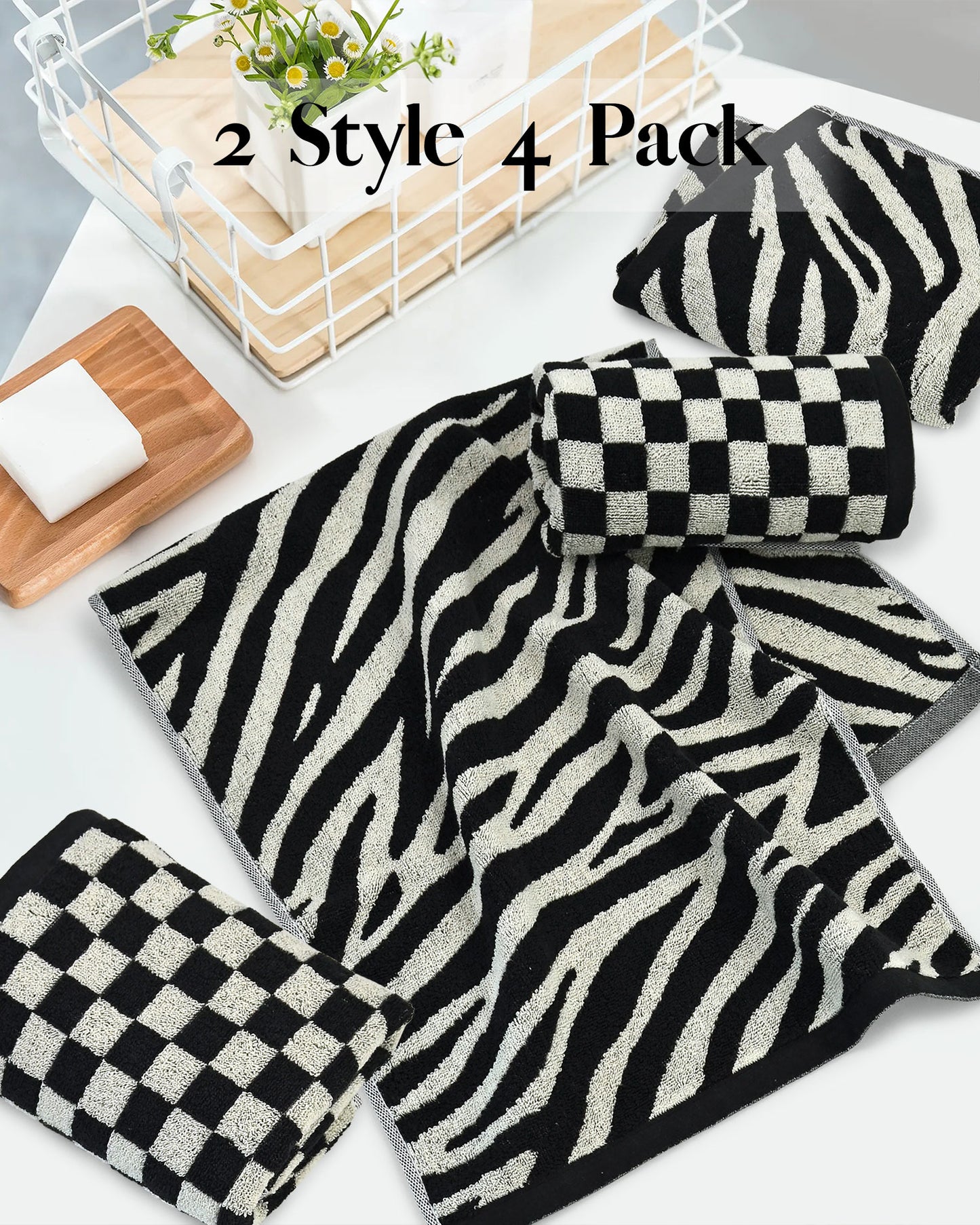 Jacquotha Bathroom Hand Towels 2 Style 4 Pack - Black Hand Towel Checkered and Zebra, Cotton