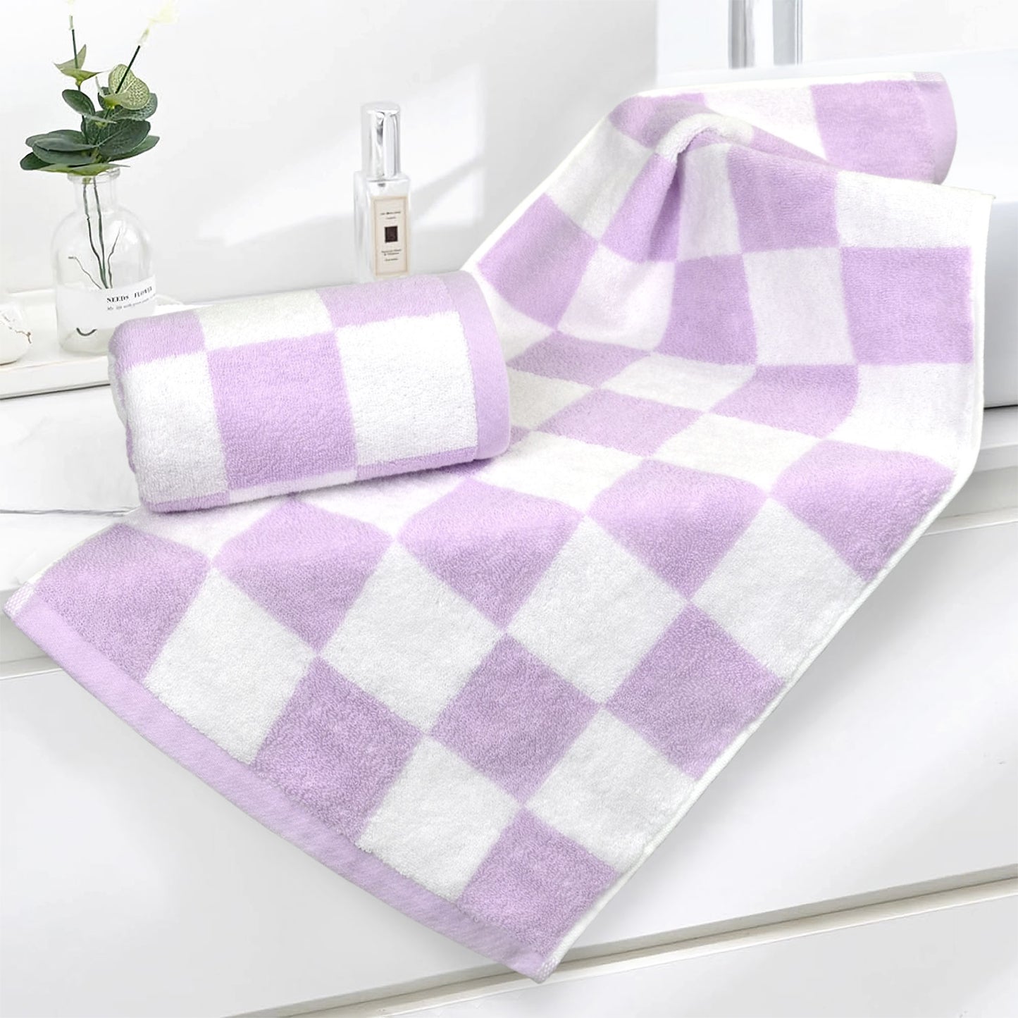 3 Pack Hand Towels set with Large Checkered Pattern, 100% Cotton, 13 x 28 Inches