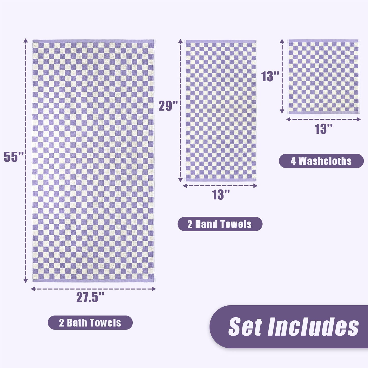 Jacquotha 8-Piece Cotton Towels and Washcloths Sets, Cute Checkered Bathroom Towels Set, Luxury Soft Absorbent Lightweight Towel, Lilac