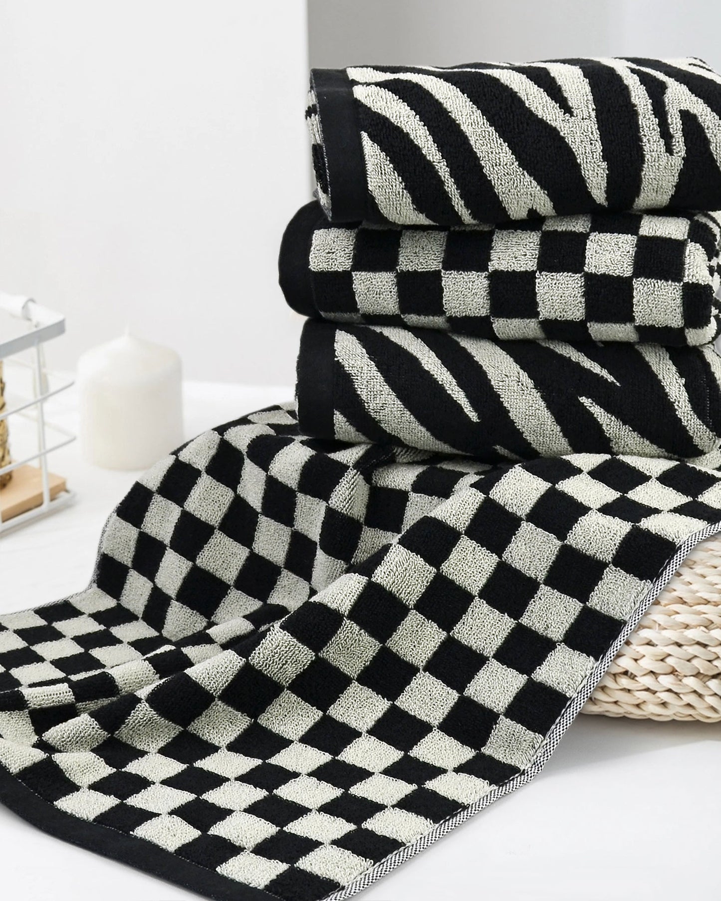 Jacquotha Bathroom Hand Towels 2 Style 4 Pack - Black Hand Towel Checkered and Zebra, Cotton