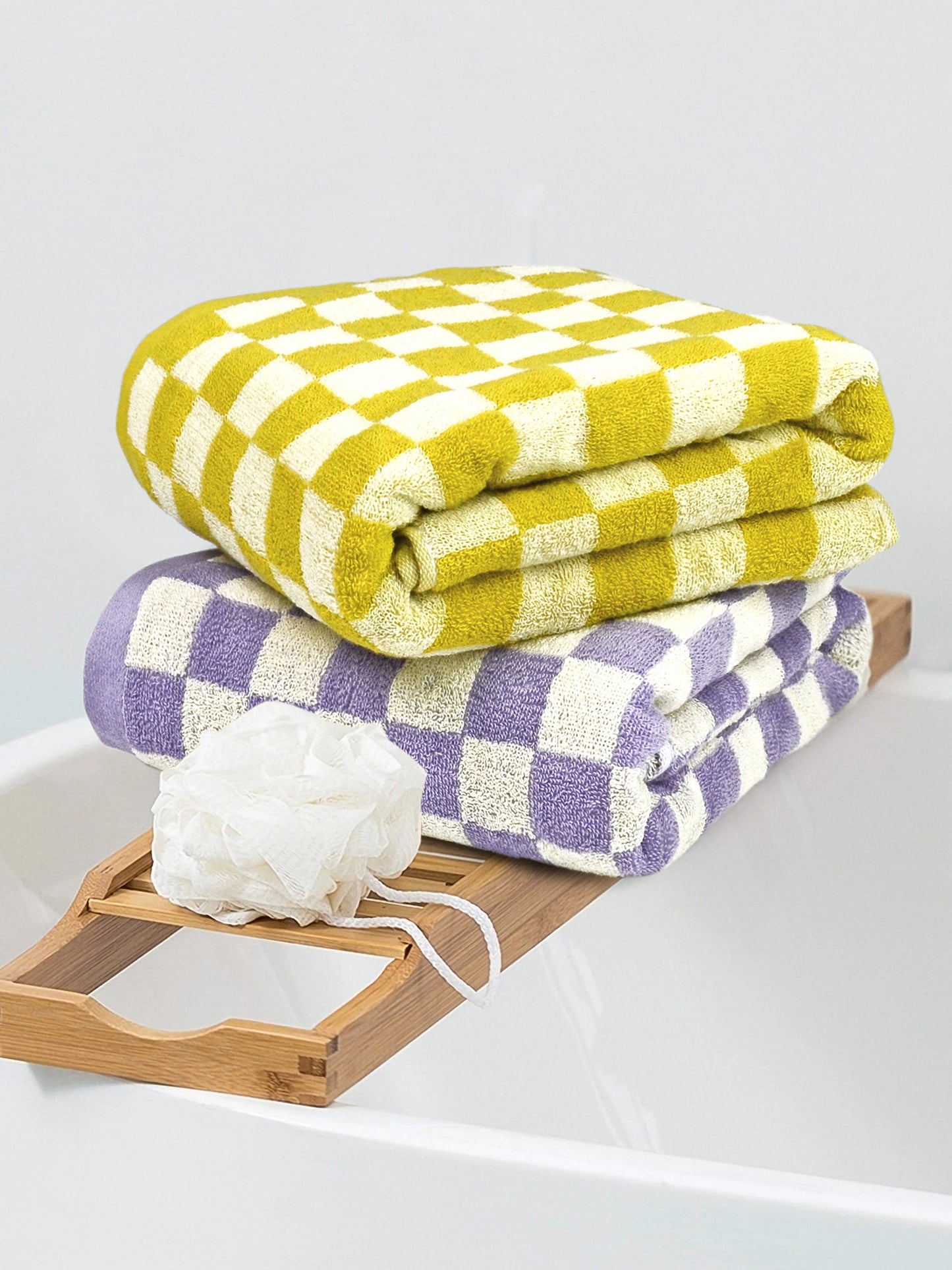 Jacquotha Checkered Bath Towel Set in Yellow and Lilac, Soft Large Shower Towels Bathroom 2 Pack 55” x 27.5”, Thin Quick Drying for Beach Pool Swim