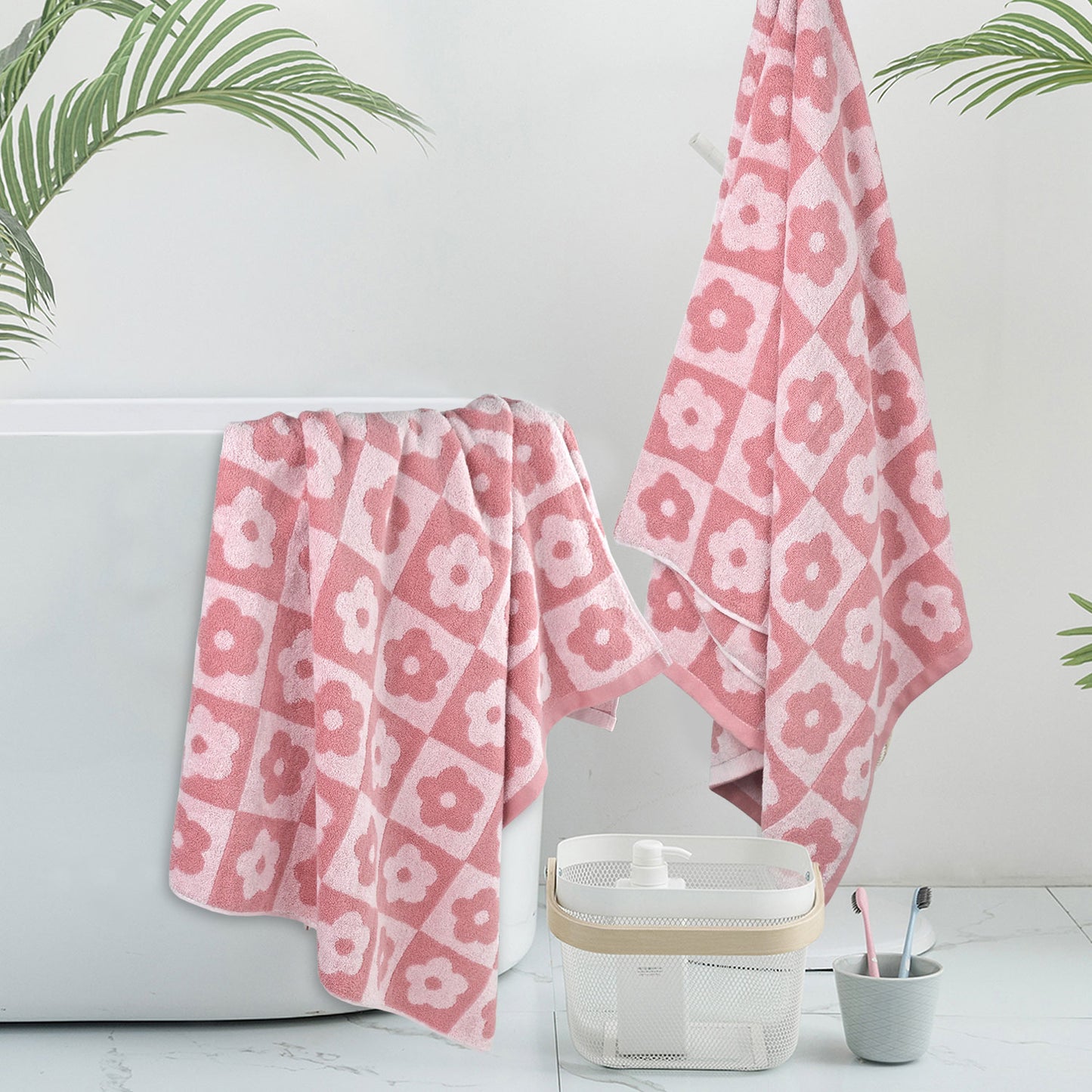 Jacquotha 2-Pieces Luxury Bath Towels Checkered Floral, Flower Towels for Women Girls Shower Body 27.5x55 Inches, Valentines Decor for Bathroom & Pool Days, Cotton