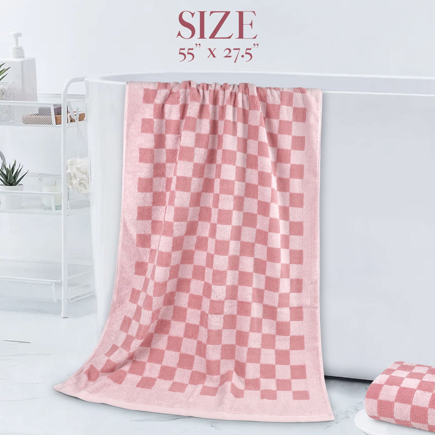 Jacquotha Soft Bath Towels for Bathroom Beach Pool (Pink Checkered) Set of 2, Quick Dry Cotton Cute Valentines Towels for Her Women Girls, 27.5x55 Inches