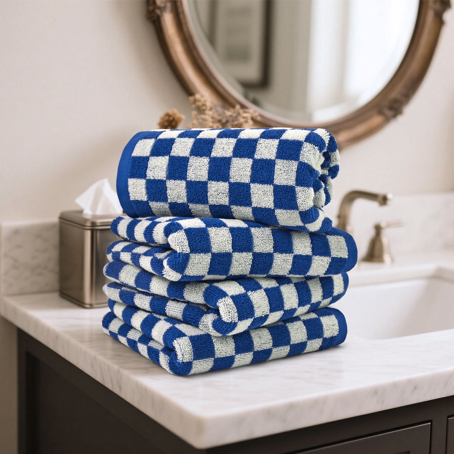 Hand Towels Set of 4 - Cute Nautical Checkered Hand Towel for Bathroom, Kitchen, Pool, Lightweight Cotton, 29” x 13”