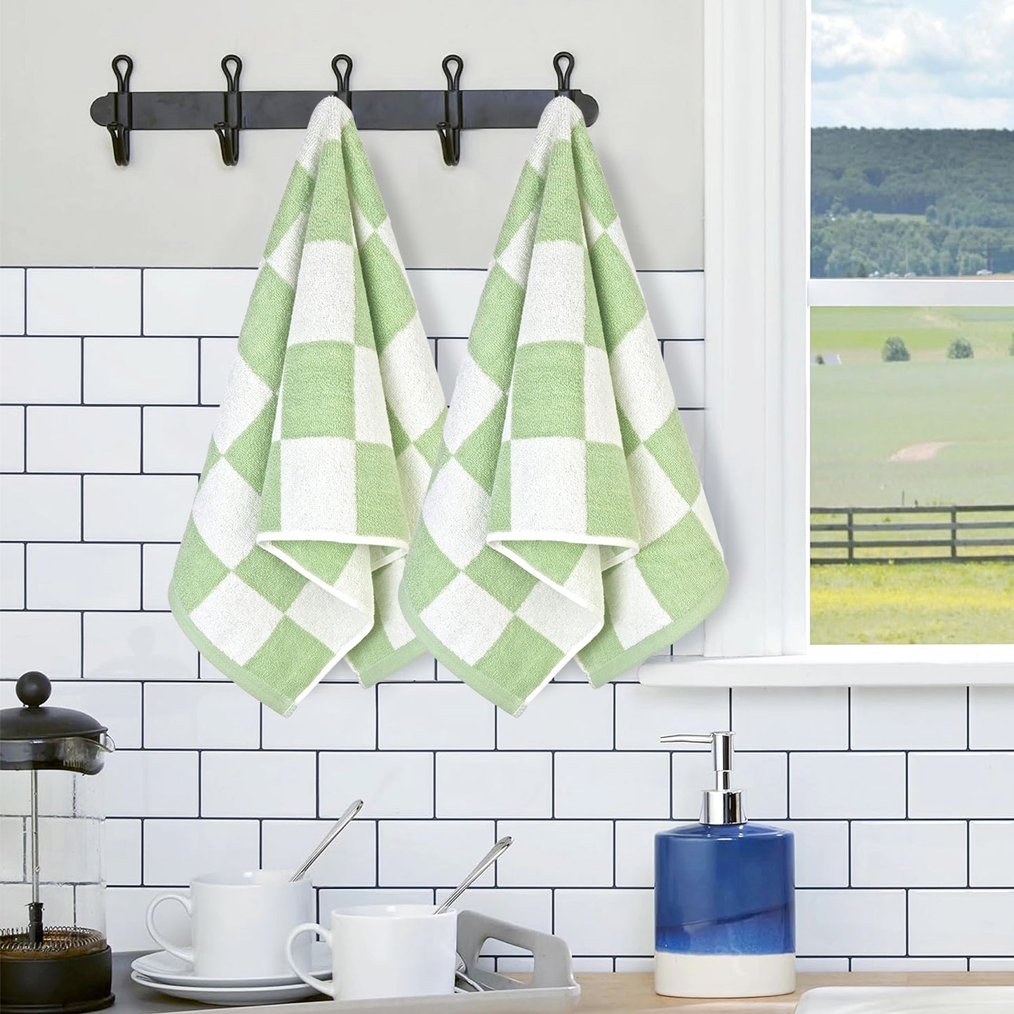 3 Pack Hand Towels set with Large Checkered Pattern, 100% Cotton, 13 x 28 Inches