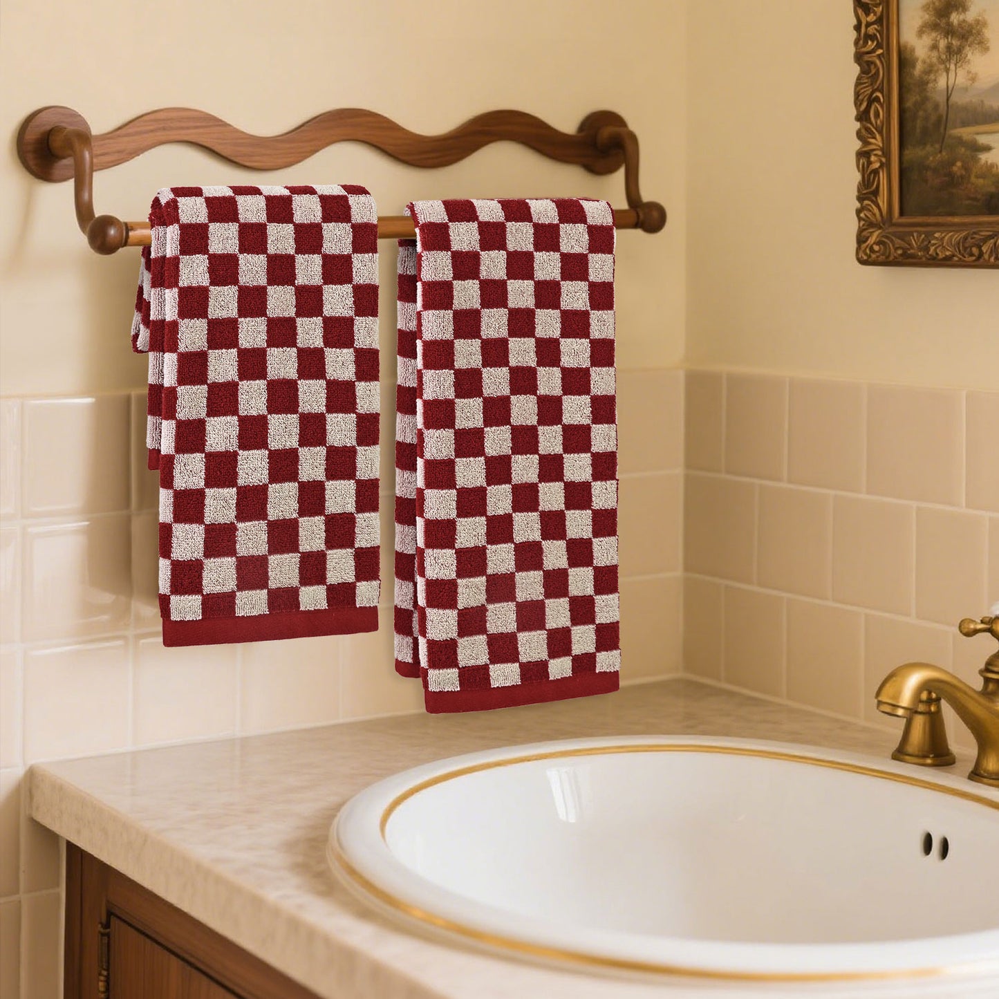 Hand Towels Set of 4 - Cute Nautical Checkered Hand Towel for Bathroom, Kitchen, Pool, Lightweight Cotton, 29” x 13”