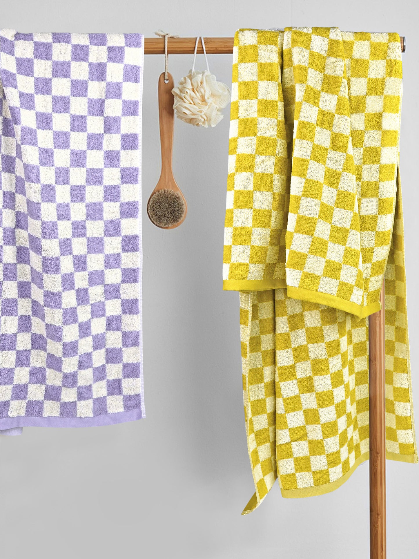 Jacquotha Checkered Bath Towel Set in Yellow and Lilac, Soft Large Shower Towels Bathroom 2 Pack 55” x 27.5”, Thin Quick Drying for Beach Pool Swim