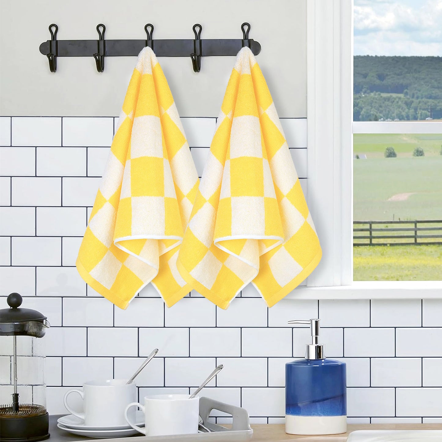 3 Pack Hand Towels set with Large Checkered Pattern, 100% Cotton, 13 x 28 Inches