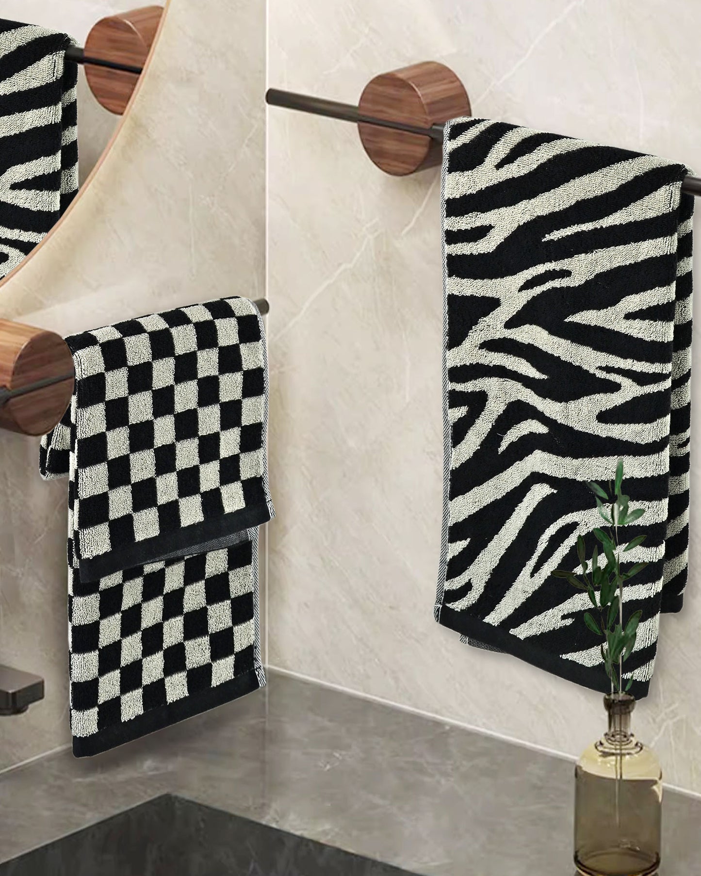 Jacquotha Bathroom Hand Towels 2 Style 4 Pack - Black Hand Towel Checkered and Zebra, Cotton