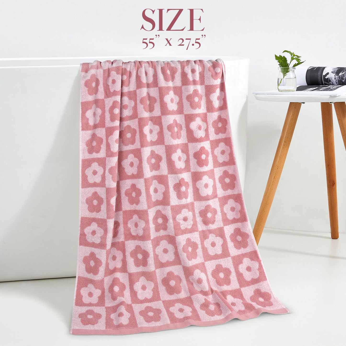 Jacquotha 2-Pieces Luxury Bath Towels Checkered Floral, Flower Towels for Women Girls Shower Body 27.5x55 Inches, Valentines Decor for Bathroom & Pool Days, Cotton