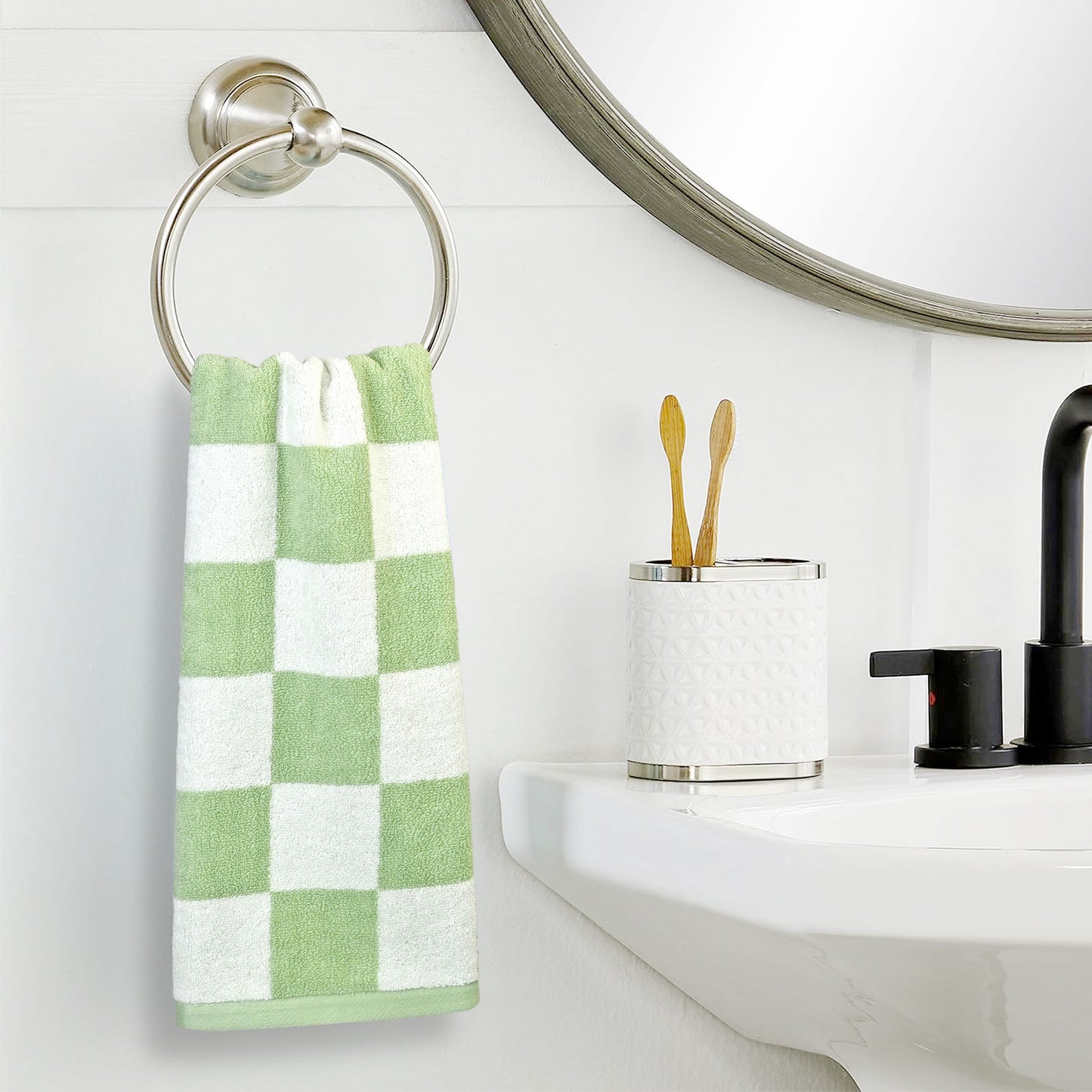 3 Pack Hand Towels set with Large Checkered Pattern, 100% Cotton, 13 x 28 Inches