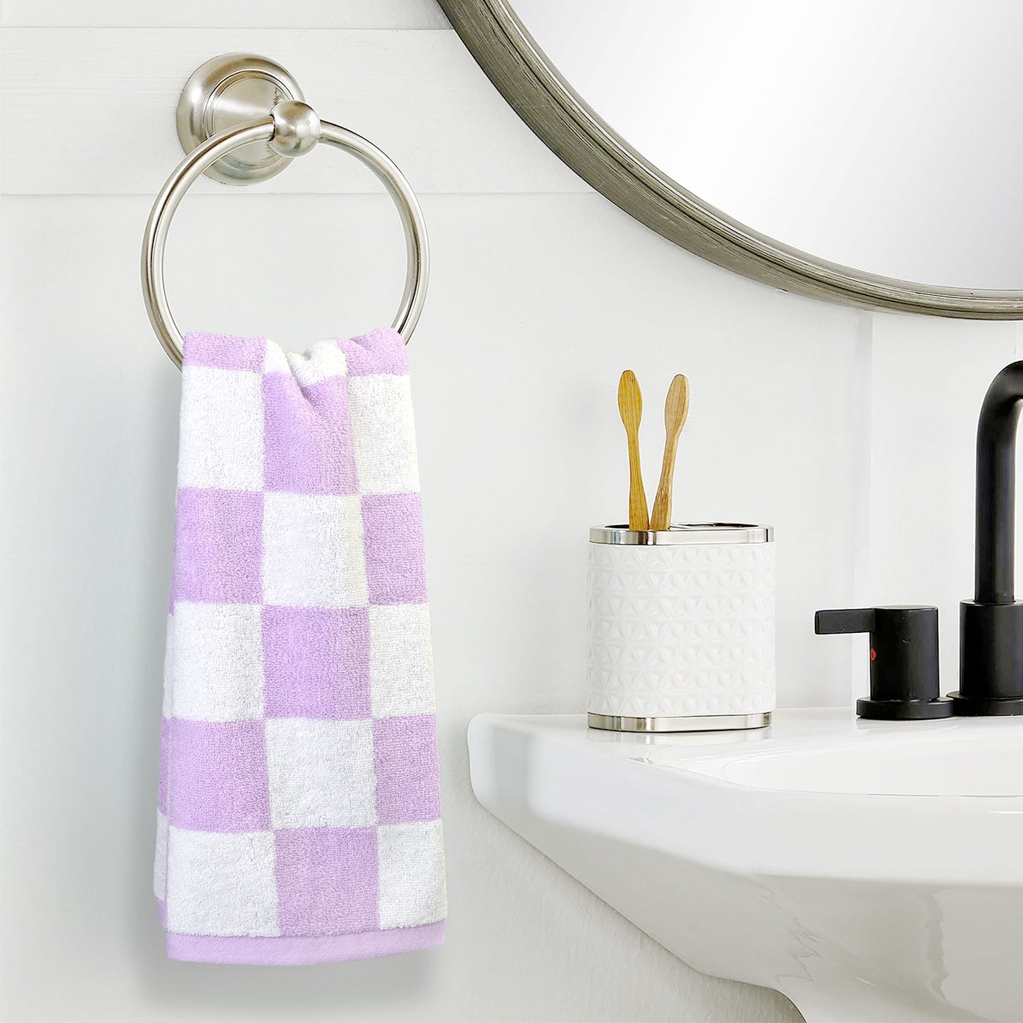 3 Pack Hand Towels set with Large Checkered Pattern, 100% Cotton, 13 x 28 Inches